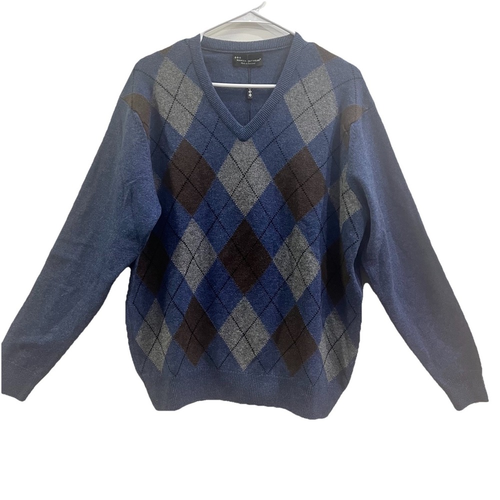 Hawick Knitwear 100%‎ Pure New Wool V-Neck Argyle Sweater Mens L Brown Blue NEW
